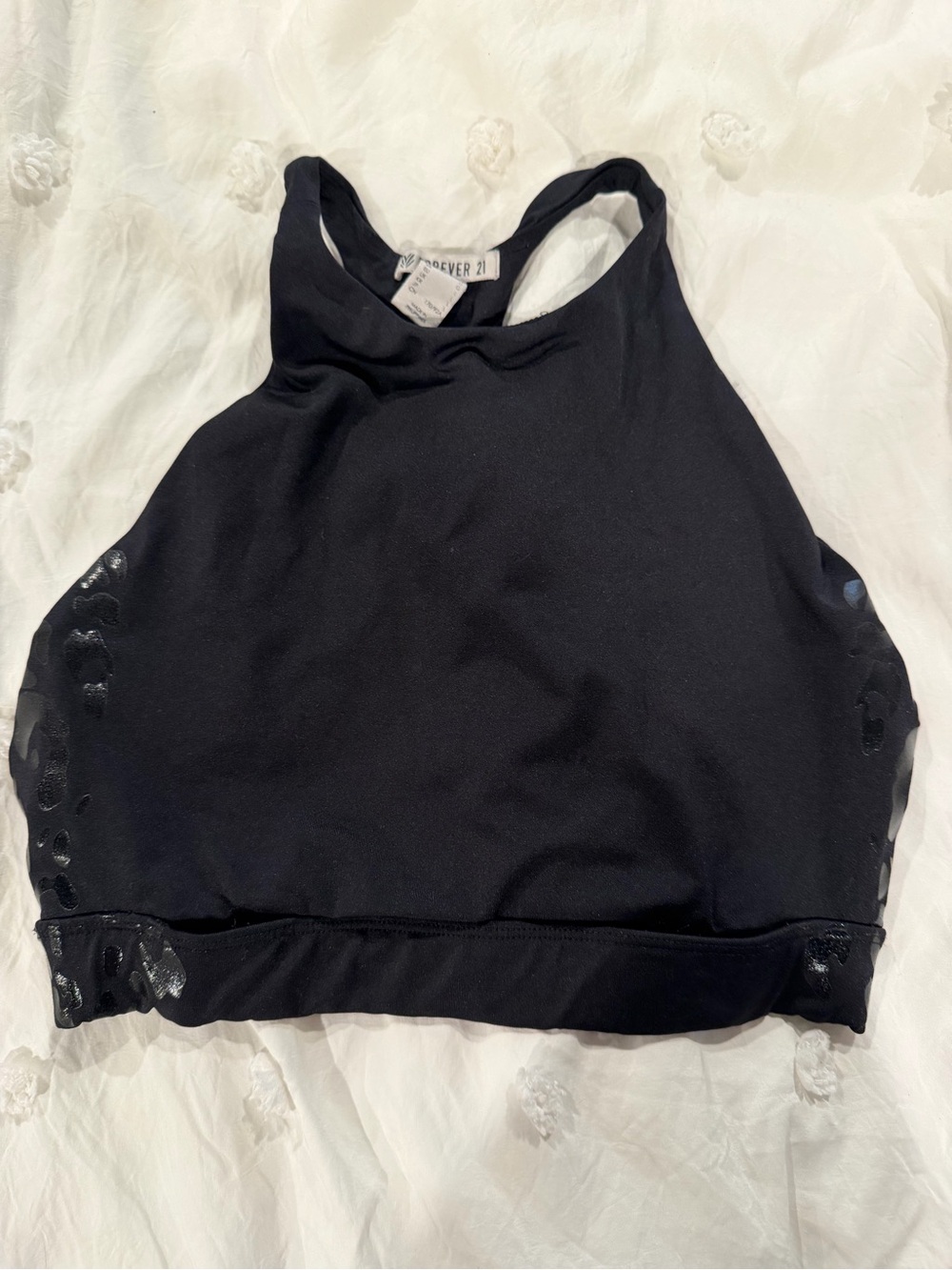 Forever 21 Black High-Neck Crop Sports Bra with Mesh Accents